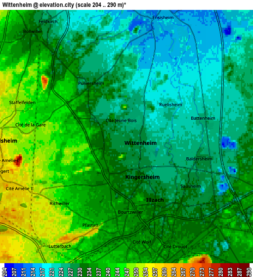 Zoom OUT 2x Wittenheim, France elevation map