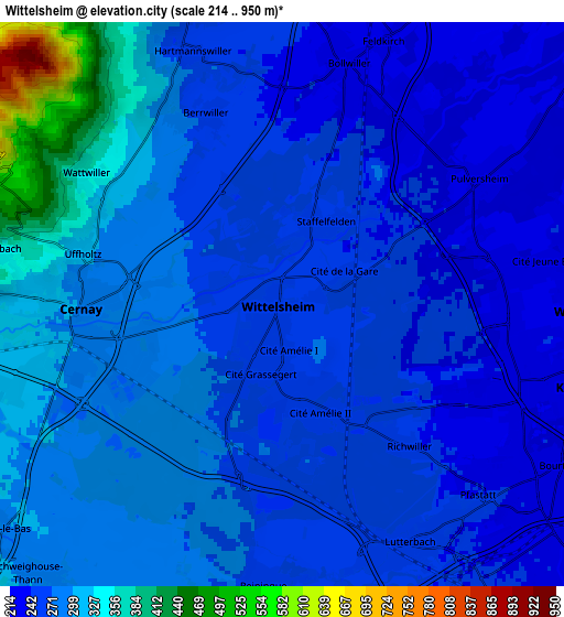 Zoom OUT 2x Wittelsheim, France elevation map