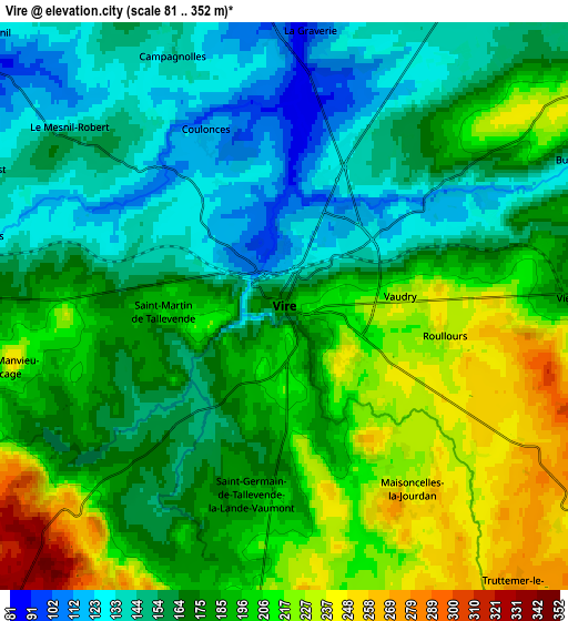 Zoom OUT 2x Vire, France elevation map