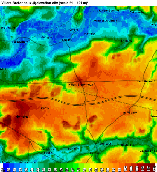 Zoom OUT 2x Villers-Bretonneux, France elevation map