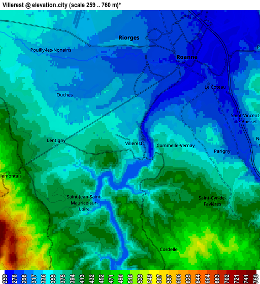 Zoom OUT 2x Villerest, France elevation map