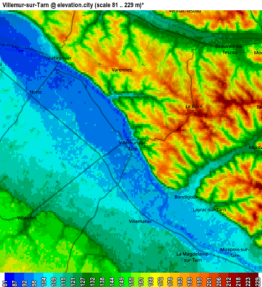 Zoom OUT 2x Villemur-sur-Tarn, France elevation map