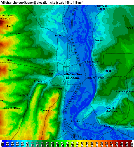 Zoom OUT 2x Villefranche-sur-Saône, France elevation map