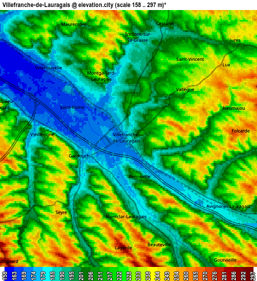 Zoom OUT 2x Villefranche-de-Lauragais, France elevation map