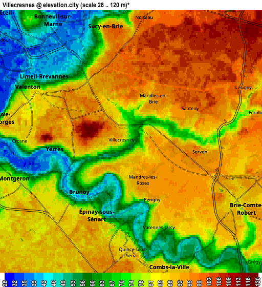 Zoom OUT 2x Villecresnes, France elevation map