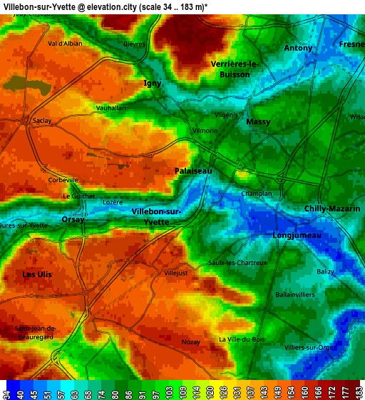 Zoom OUT 2x Villebon-sur-Yvette, France elevation map