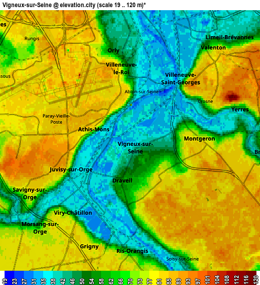 Zoom OUT 2x Vigneux-sur-Seine, France elevation map