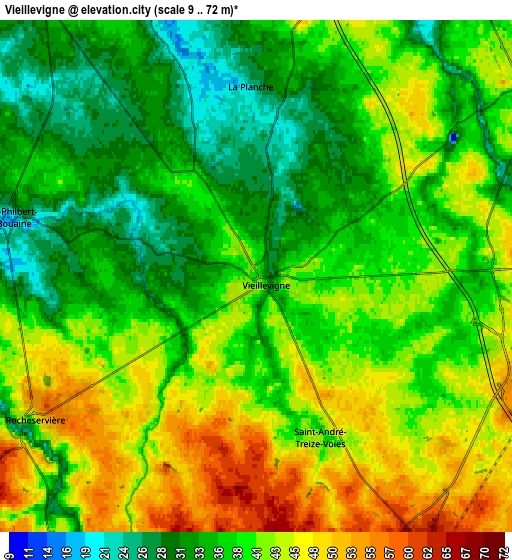 Zoom OUT 2x Vieillevigne, France elevation map