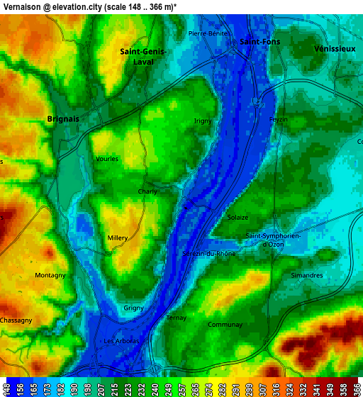 Zoom OUT 2x Vernaison, France elevation map