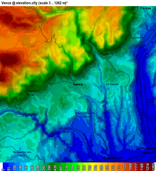 Zoom OUT 2x Vence, France elevation map