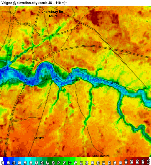 Zoom OUT 2x Veigné, France elevation map