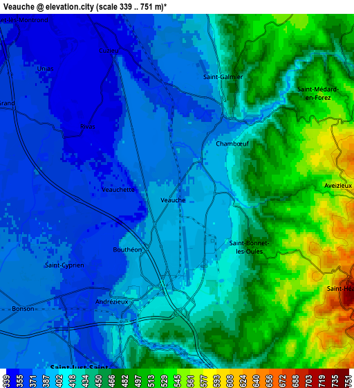 Zoom OUT 2x Veauche, France elevation map