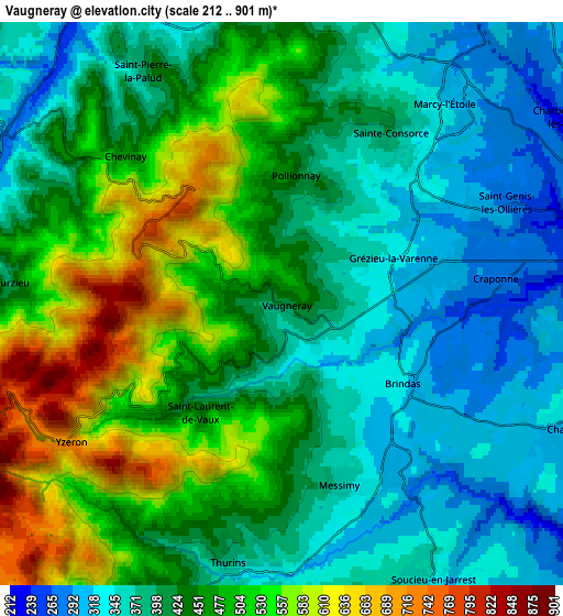 Zoom OUT 2x Vaugneray, France elevation map