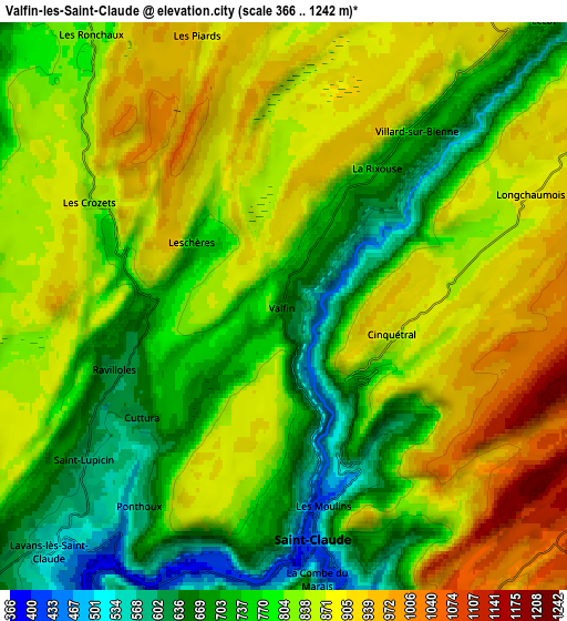 Zoom OUT 2x Valfin-lès-Saint-Claude, France elevation map