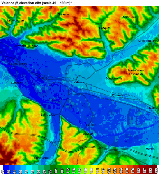 Zoom OUT 2x Valence, France elevation map