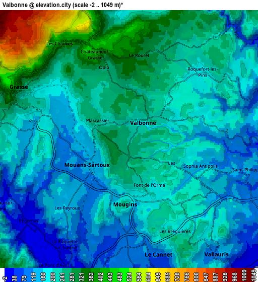 Zoom OUT 2x Valbonne, France elevation map