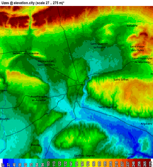 Zoom OUT 2x Uzès, France elevation map