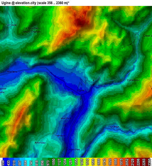 Zoom OUT 2x Ugine, France elevation map