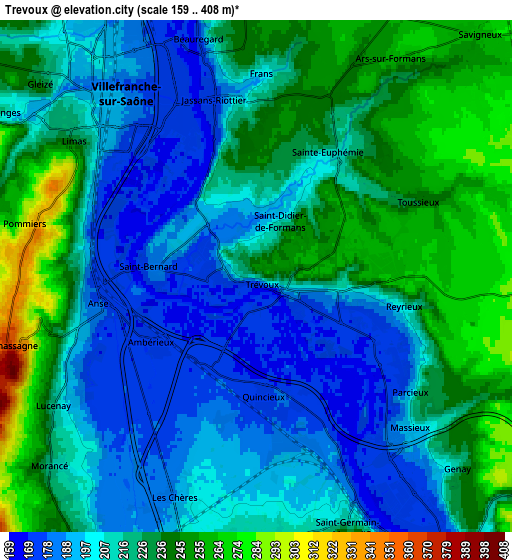 Zoom OUT 2x Trévoux, France elevation map