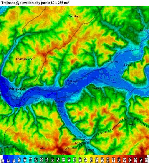 Zoom OUT 2x Trélissac, France elevation map