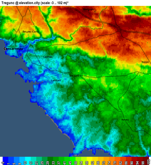 Zoom OUT 2x Trégunc, France elevation map