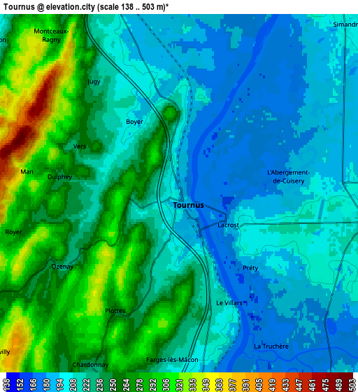 Zoom OUT 2x Tournus, France elevation map