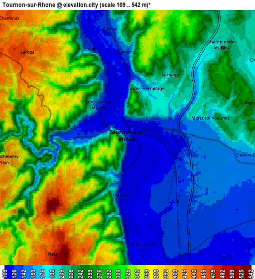 Zoom OUT 2x Tournon-sur-Rhône, France elevation map