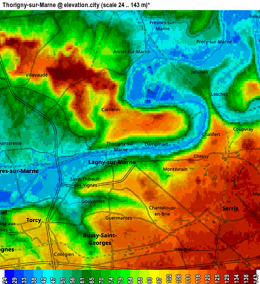 Zoom OUT 2x Thorigny-sur-Marne, France elevation map