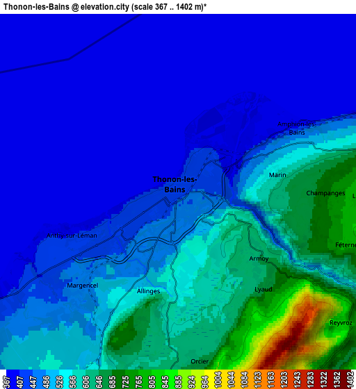 Zoom OUT 2x Thonon-les-Bains, France elevation map