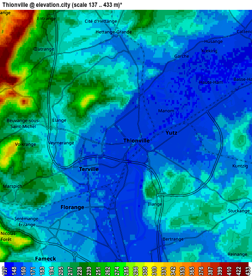 Zoom OUT 2x Thionville, France elevation map