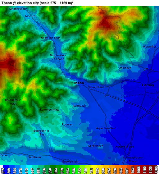 Zoom OUT 2x Thann, France elevation map