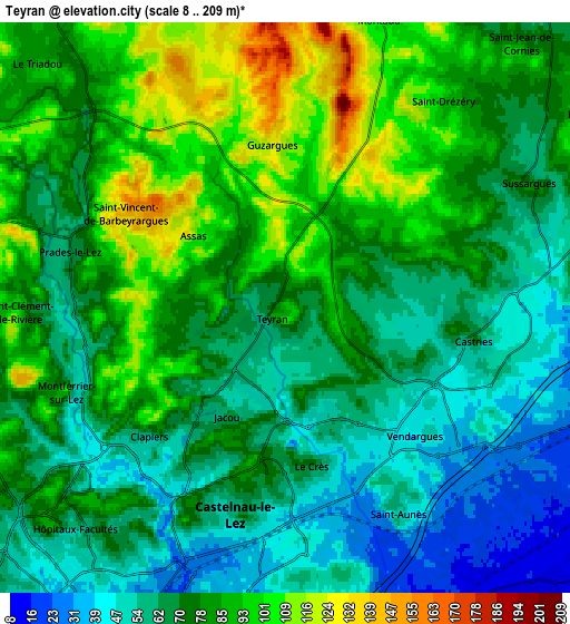 Zoom OUT 2x Teyran, France elevation map