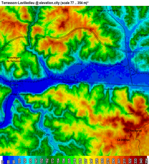 Zoom OUT 2x Terrasson-Lavilledieu, France elevation map