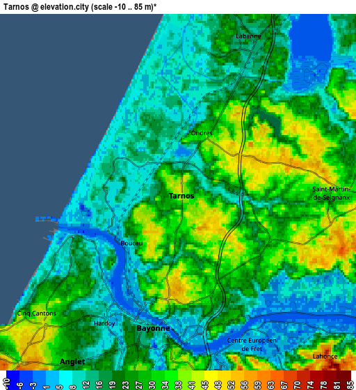 Zoom OUT 2x Tarnos, France elevation map