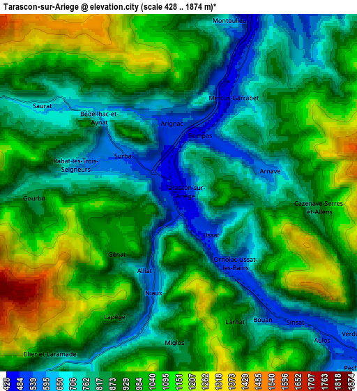 Zoom OUT 2x Tarascon-sur-Ariège, France elevation map