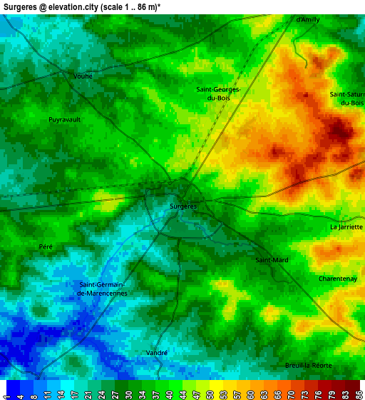 Zoom OUT 2x Surgères, France elevation map