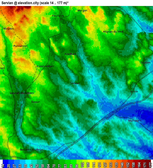 Zoom OUT 2x Servian, France elevation map