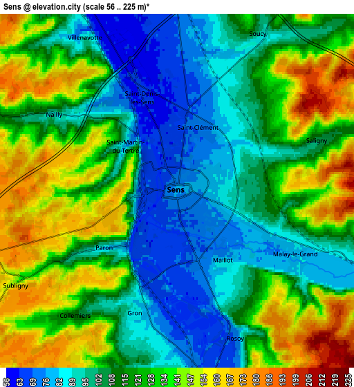 Zoom OUT 2x Sens, France elevation map