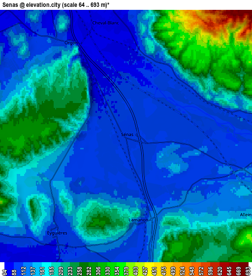 Zoom OUT 2x Sénas, France elevation map