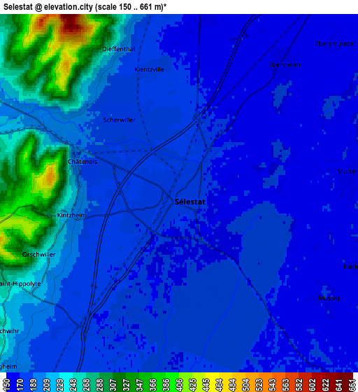 Zoom OUT 2x Sélestat, France elevation map