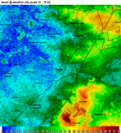 Zoom OUT 2x Seclin, France elevation map