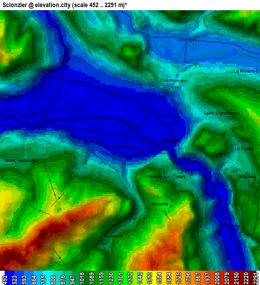 Zoom OUT 2x Scionzier, France elevation map