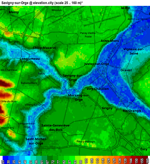 Zoom OUT 2x Savigny-sur-Orge, France elevation map