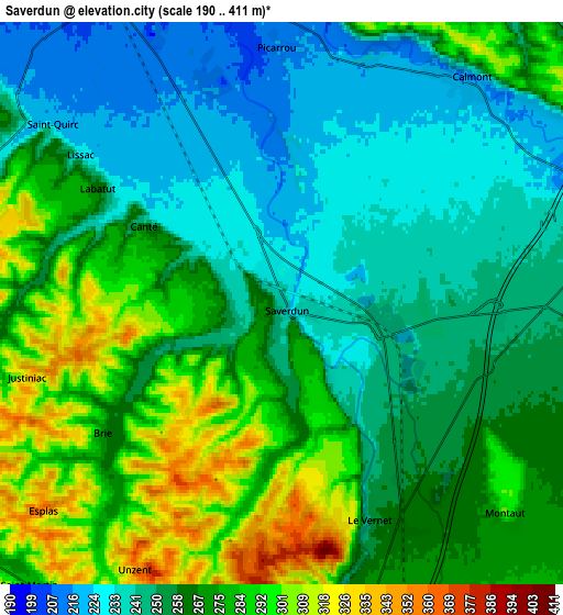 Zoom OUT 2x Saverdun, France elevation map