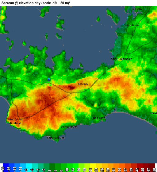 Zoom OUT 2x Sarzeau, France elevation map