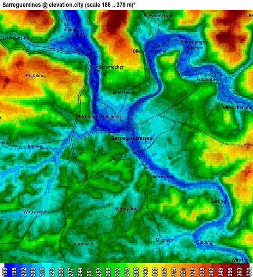 Zoom OUT 2x Sarreguemines, France elevation map