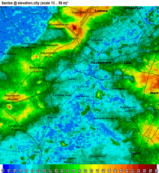 Zoom OUT 2x Santes, France elevation map