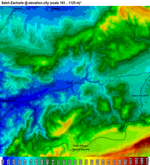 Zoom OUT 2x Saint-Zacharie, France elevation map