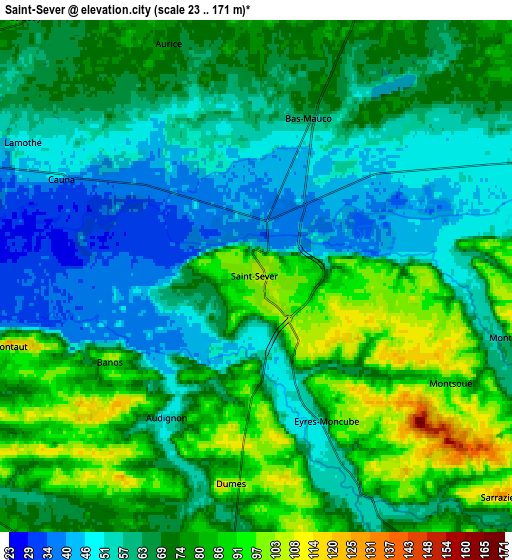 Zoom OUT 2x Saint-Sever, France elevation map