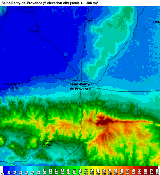 Zoom OUT 2x Saint-Rémy-de-Provence, France elevation map